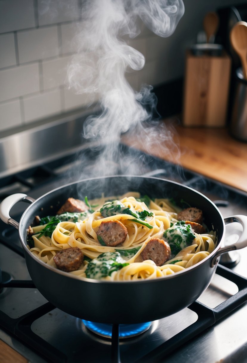 A pot of creamy pasta with spinach and sausage simmers on the stove, steam rising and filling the kitchen with savory aromas