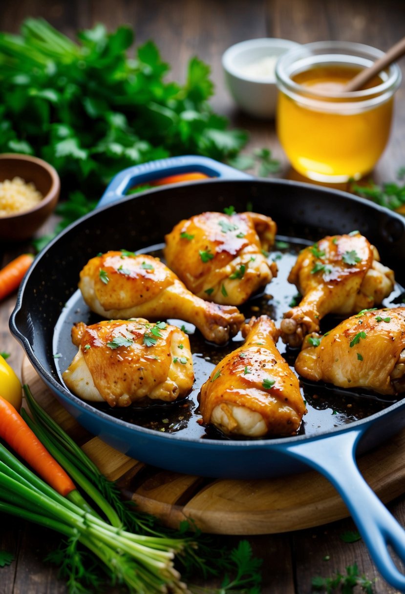 A sizzling skillet holds golden-brown chicken pieces glazed with honey garlic sauce, surrounded by colorful vegetables and herbs