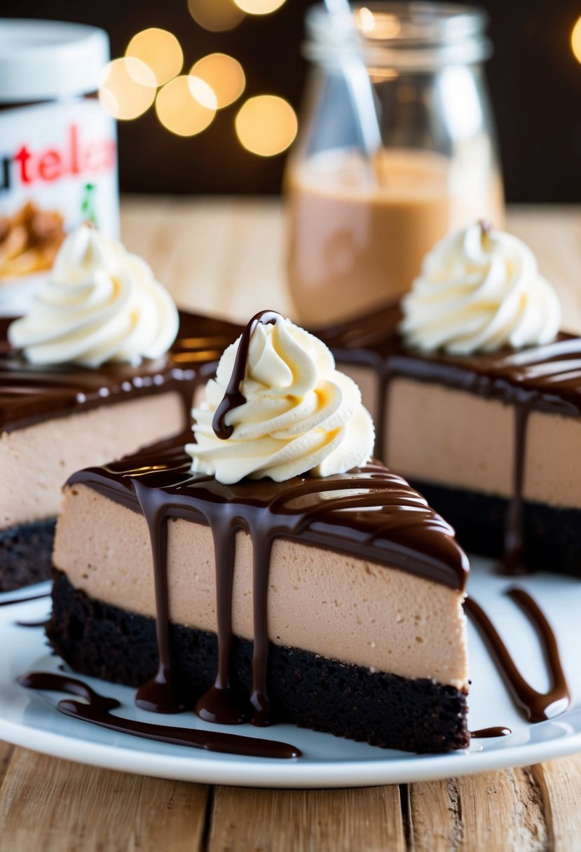 A smooth, creamy Nutella cheesecake sits atop a chocolate cookie crust, garnished with swirls of whipped cream and drizzles of melted Nutella