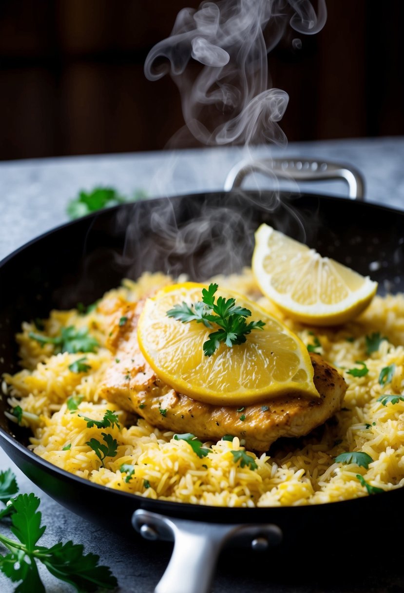 A sizzling skillet of lemon chicken and rice, steam rising. A lemon wedge and fresh herbs garnish the dish