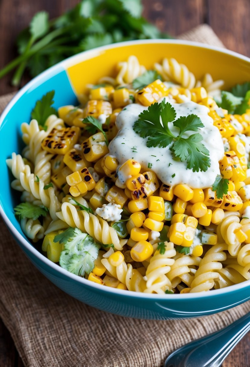 A colorful bowl of pasta salad with grilled corn, cotija cheese, and cilantro, topped with a creamy dressing