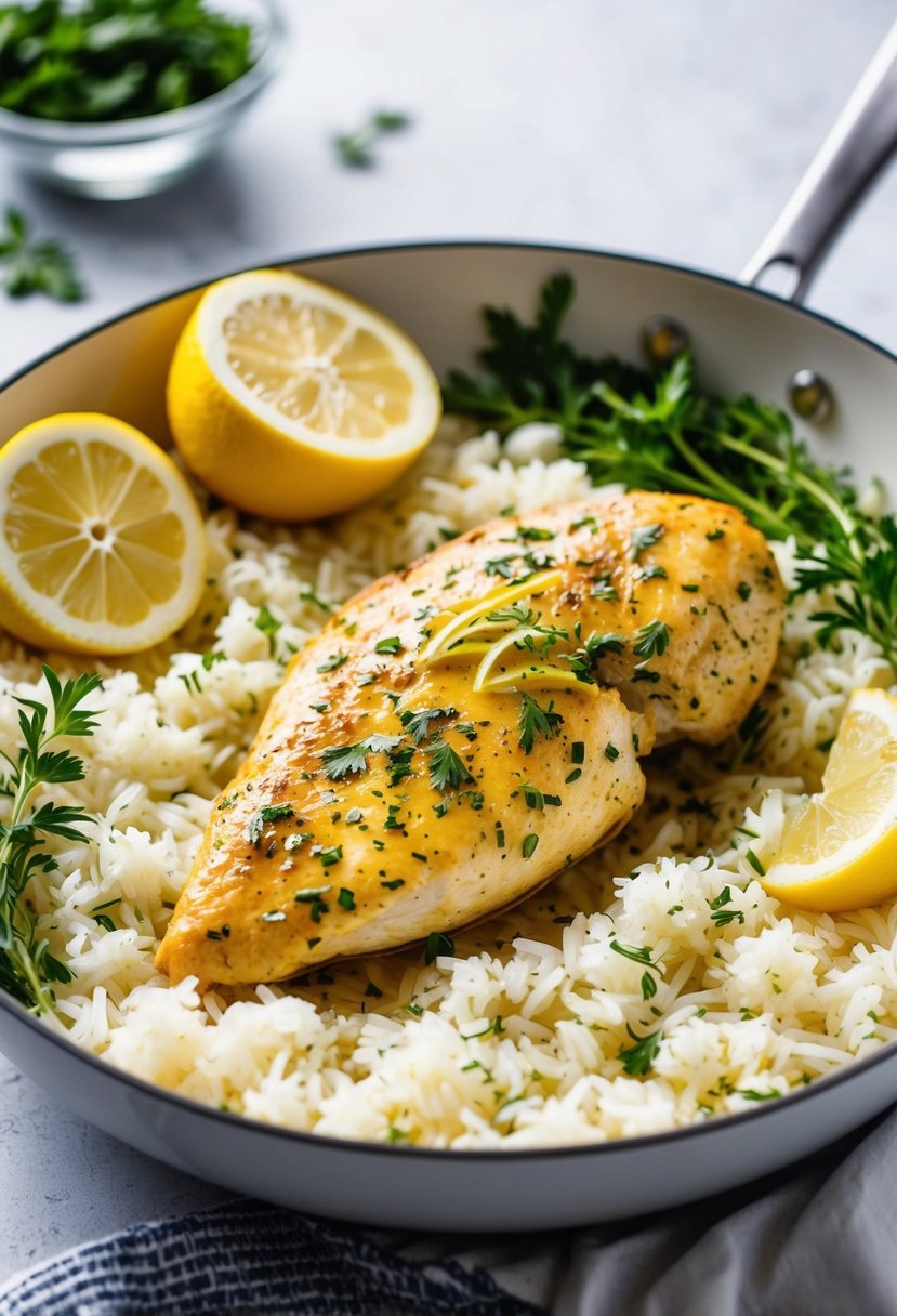 A sizzling lemon herb chicken breast served on a bed of fluffy, steaming white rice, surrounded by fresh herbs and slices of lemon