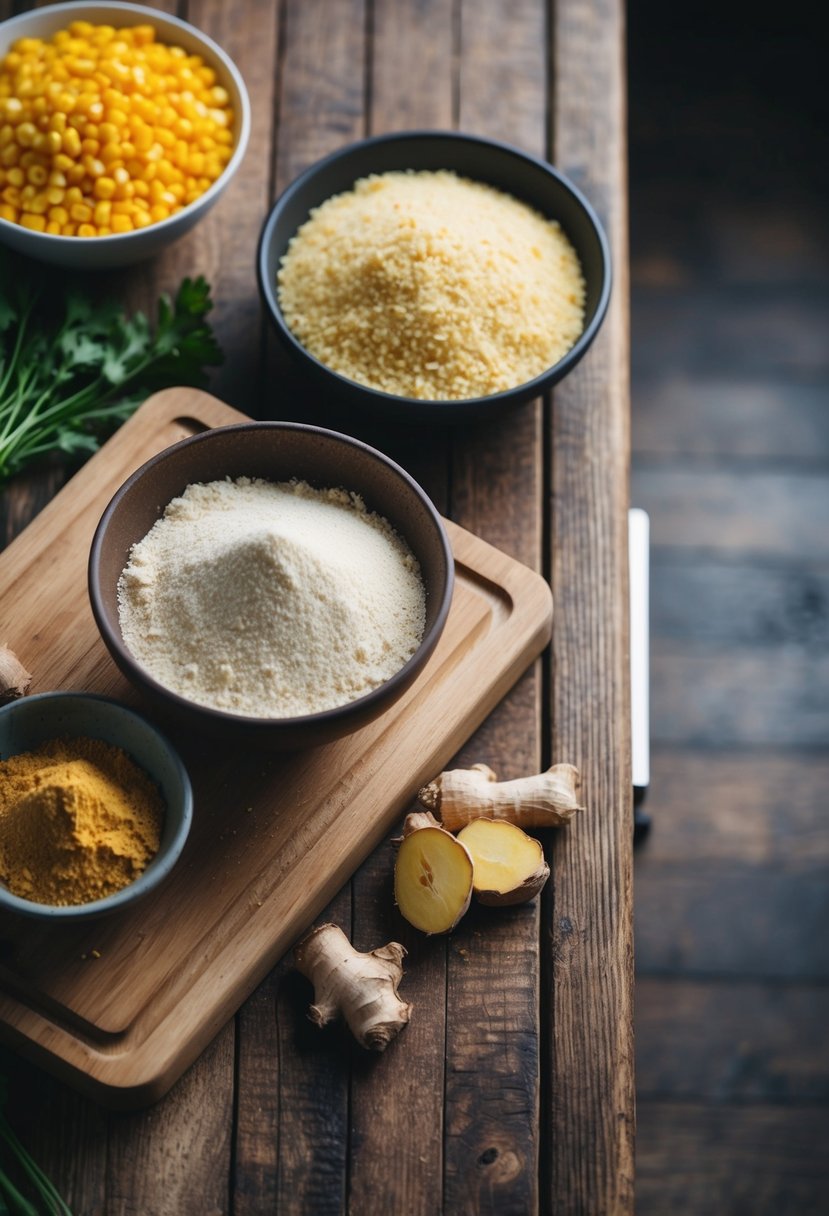 A rustic kitchen counter with a wooden cutting board, a bowl of cornmeal, ginger root, and other baking ingredients scattered around