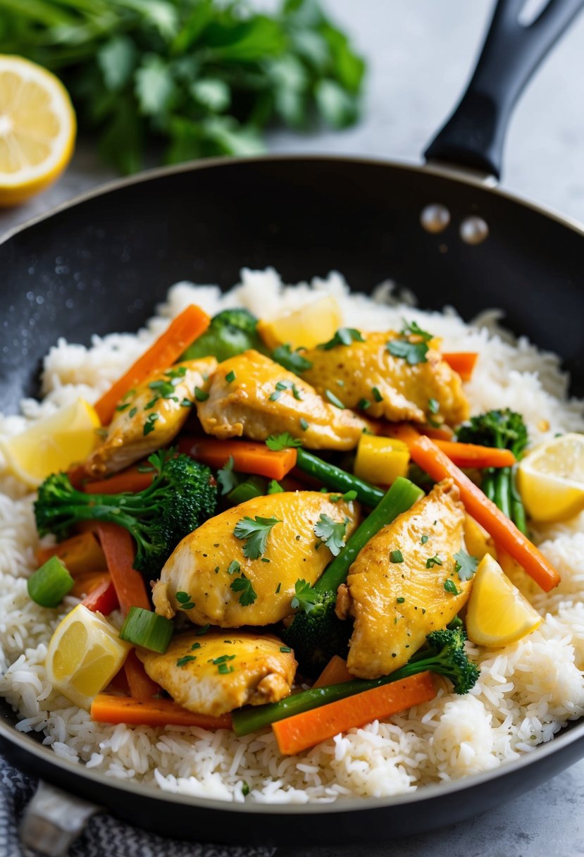 A sizzling skillet of lemon chicken stir-fry with colorful vegetables, served over a bed of fluffy white rice