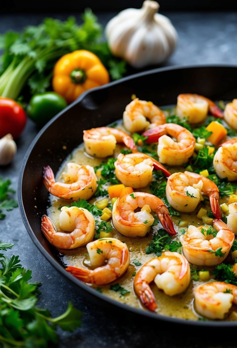 A sizzling skillet of garlic butter shrimp with a medley of colorful vegetables and herbs