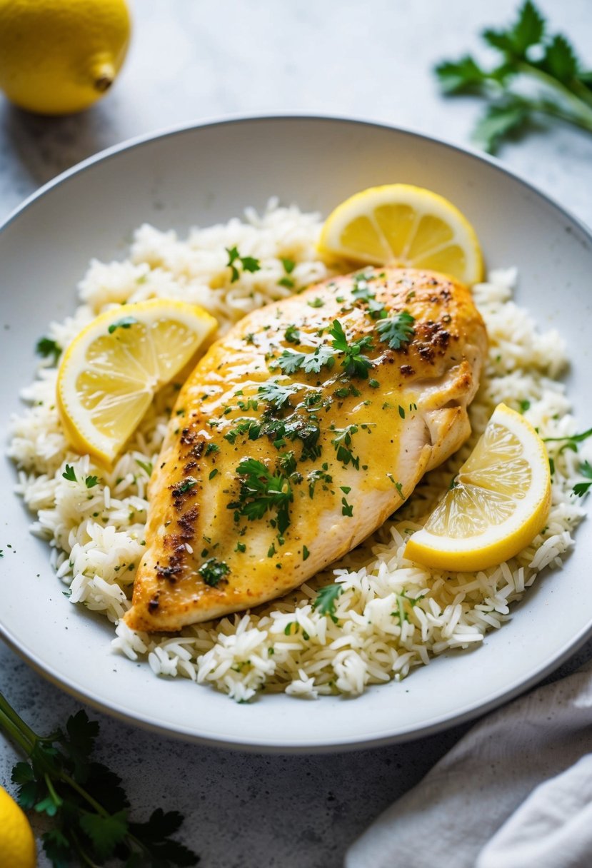 A sizzling lemon garlic chicken breast served on a bed of fluffy white rice, garnished with fresh herbs and lemon slices