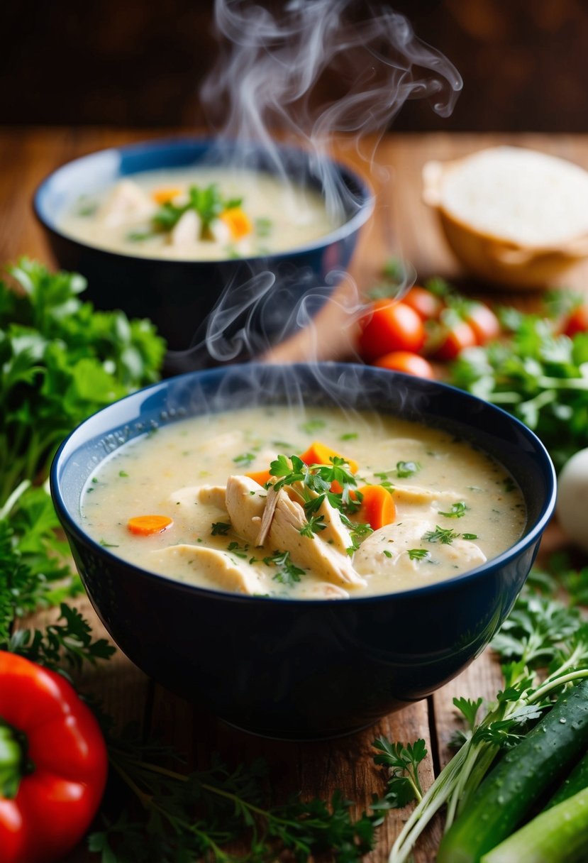 A steaming bowl of creamy chicken soup surrounded by fresh vegetables and herbs