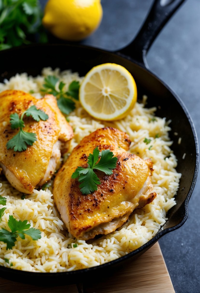 A sizzling skillet with golden brown lemon chicken, nestled in a bed of fluffy, steaming rice