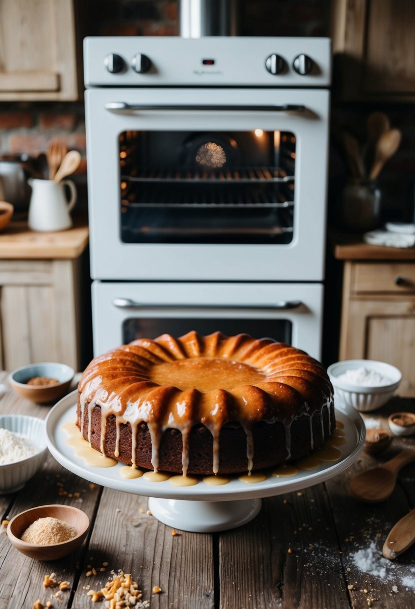 A rustic kitchen with a vintage oven, a wooden table holding a freshly baked Glazed Do-Nothing Cake, surrounded by scattered baking ingredients