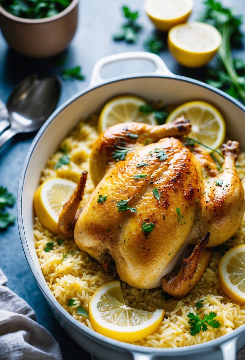 A golden-brown lemon chicken sits atop a bed of creamy, steaming rice in a casserole dish, surrounded by vibrant lemon slices and fresh herbs