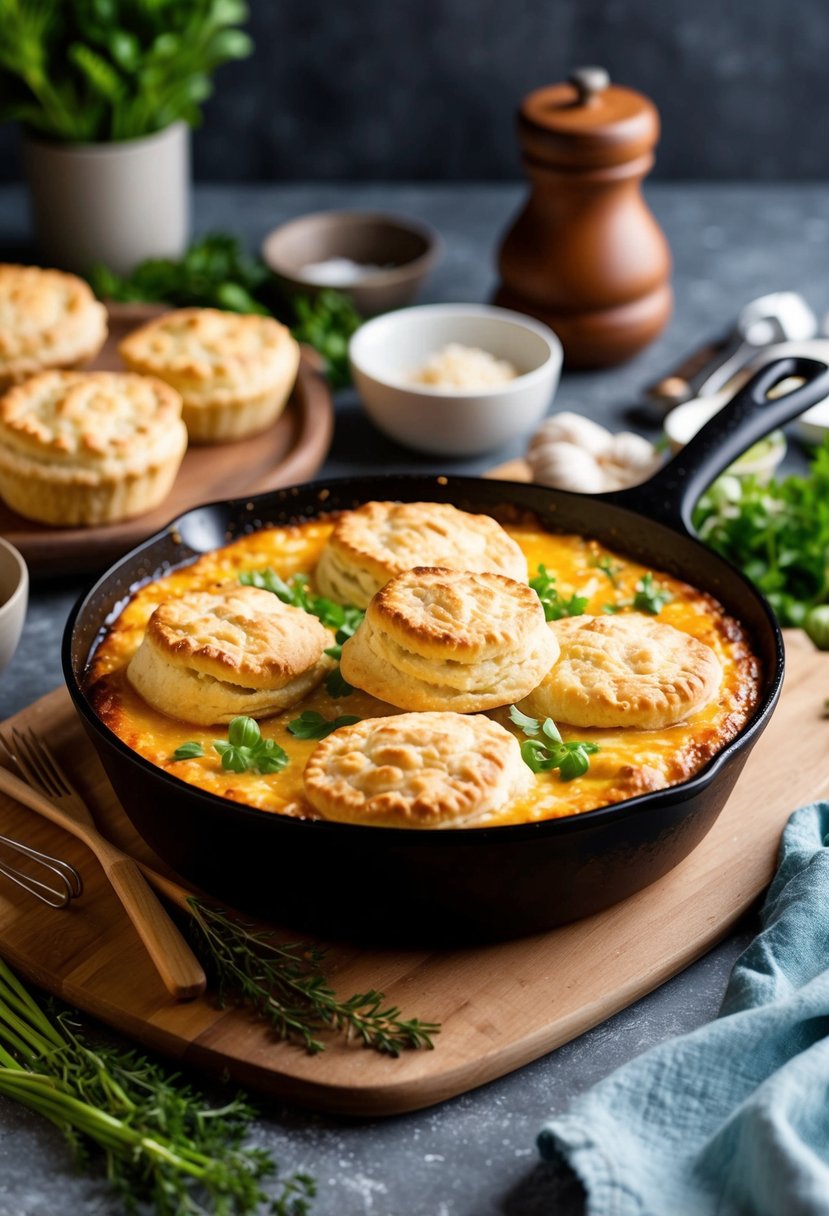 A bubbling skillet filled with biscuit-topped pot pie, surrounded by fresh ingredients and kitchen utensils