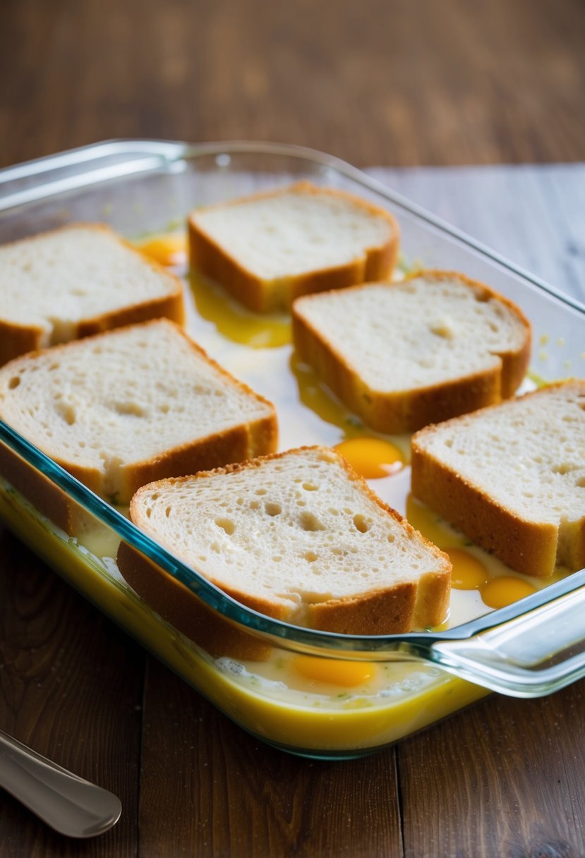 A glass baking dish filled with slices of bread soaked in a mixture of eggs, milk, and cinnamon, ready to be baked in the oven