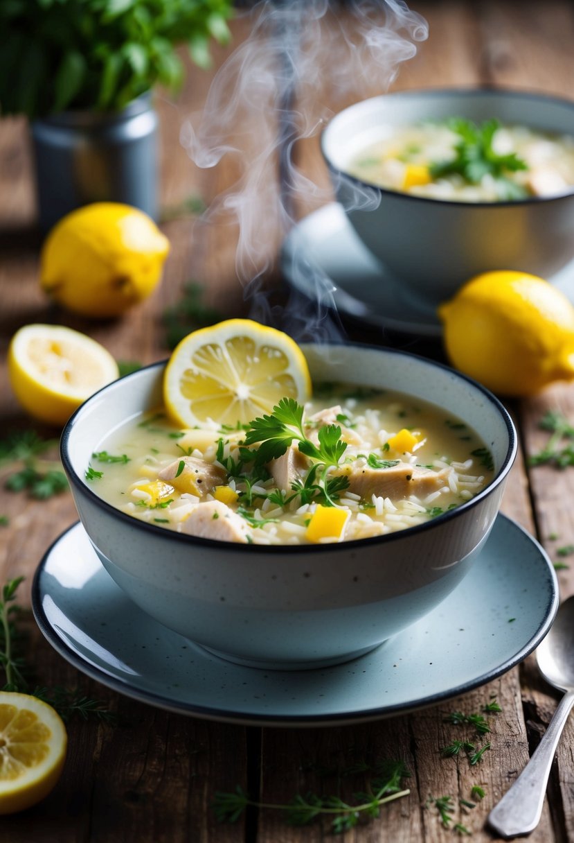 A steaming bowl of lemon chicken and rice soup sits on a rustic wooden table, with fresh herbs and slices of lemon as garnish