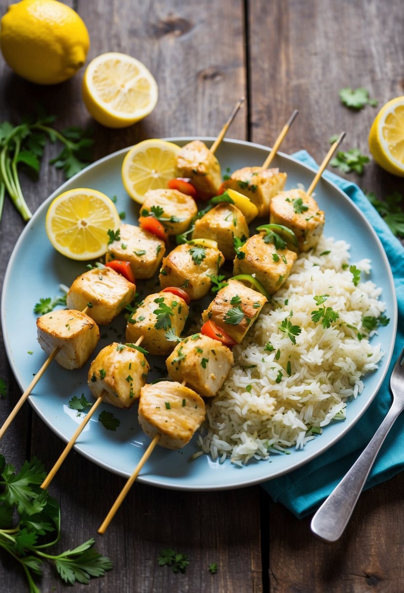 A plate of lemon chicken skewers with jasmine rice, garnished with fresh herbs and lemon slices, set on a rustic wooden table