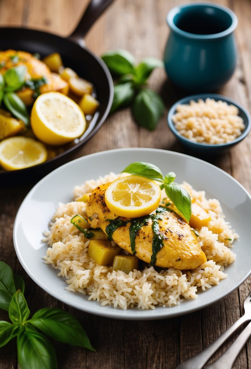 A sizzling lemon basil chicken dish served with fluffy brown rice on a rustic wooden table