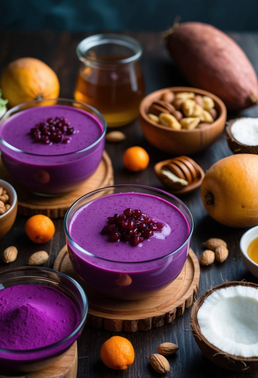 A table filled with vibrant purple ube ingredients like sweet potatoes, coconut milk, and honey, surrounded by fresh fruits and nuts