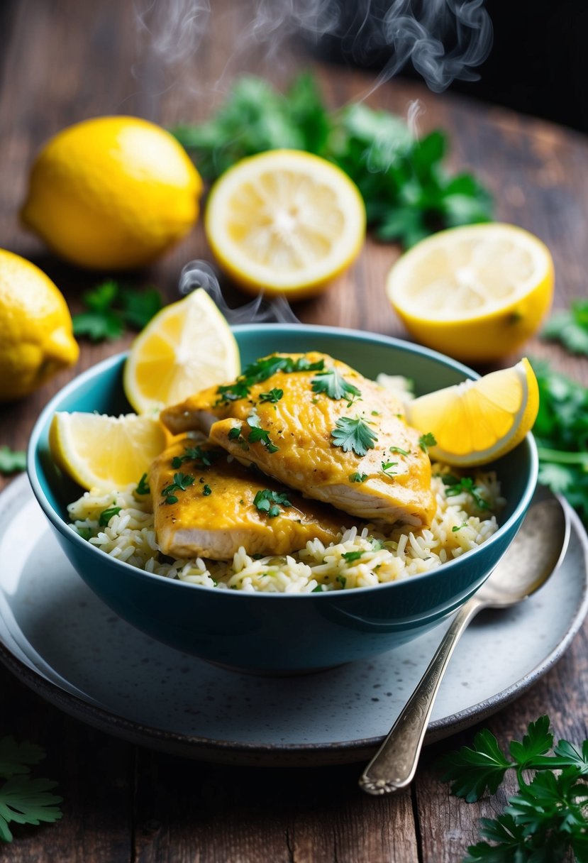 A steaming bowl of lemon chicken and rice, surrounded by fresh lemon slices and herbs, sits on a rustic wooden table