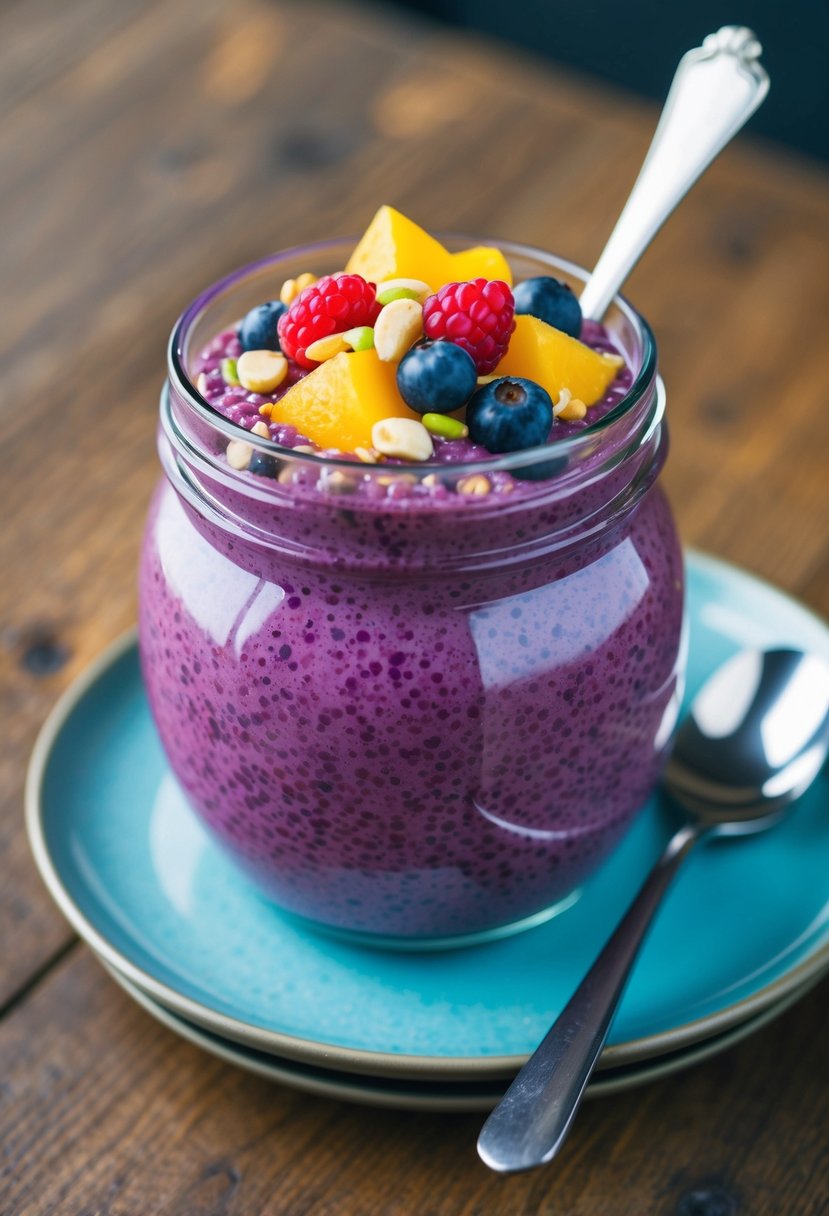 A glass jar filled with vibrant purple ube chia seed pudding topped with fresh fruit and nuts on a wooden table