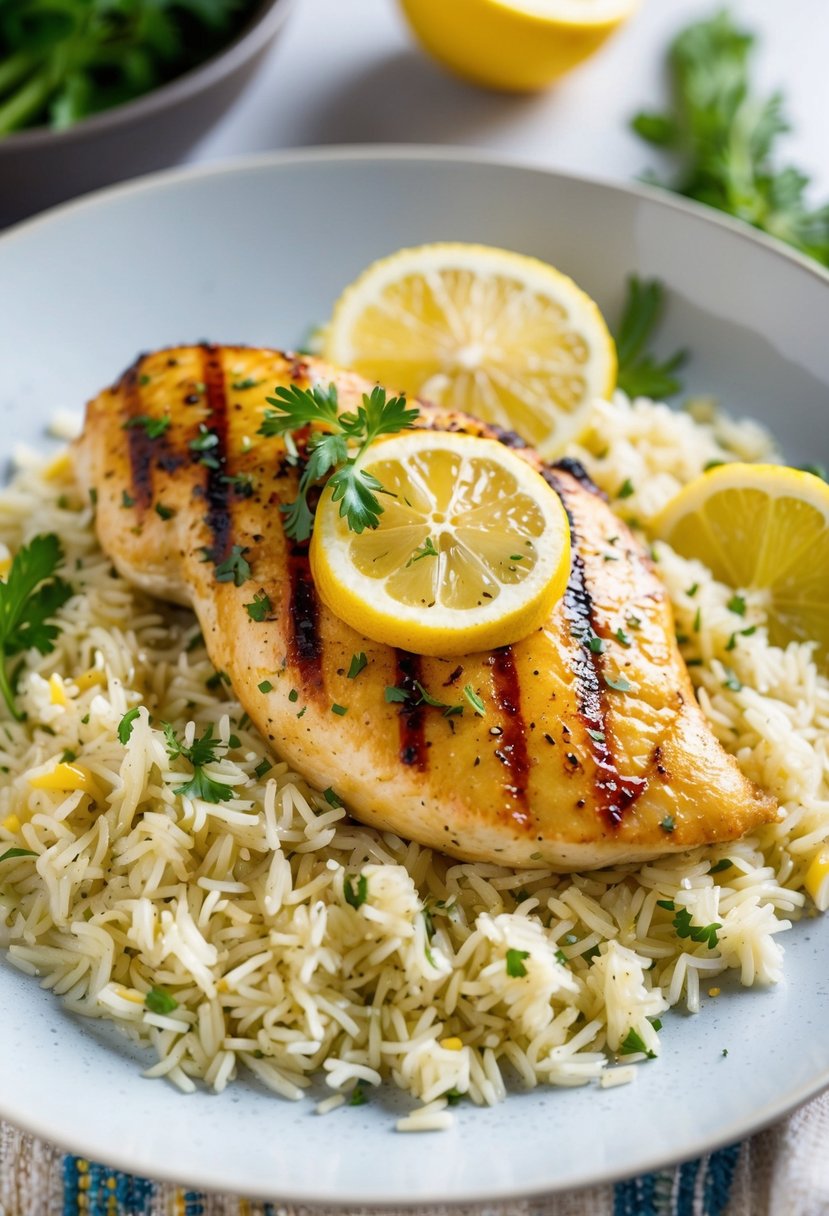 A sizzling grilled lemon chicken breast sits atop a bed of fluffy rice pilaf, surrounded by colorful herbs and lemon slices