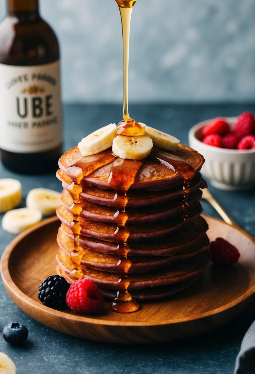 A stack of ube sweet potato pancakes topped with sliced bananas and drizzled with honey, served on a wooden plate with a side of fresh berries