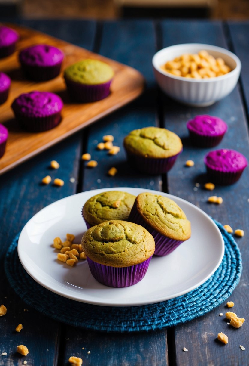 A rustic kitchen with a wooden table holding a plate of freshly baked vegan ube purple yam muffins, surrounded by scattered ube ingredients