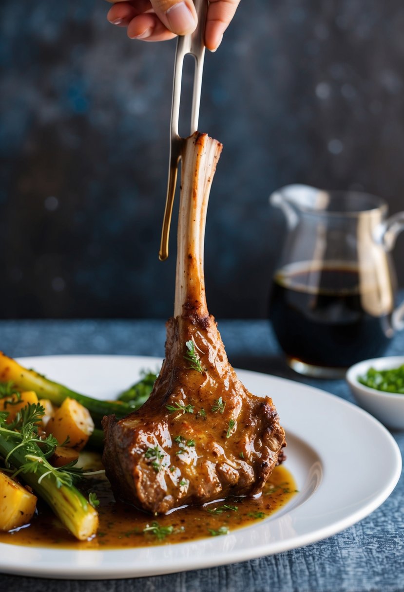 A sizzling lamb chop on a white plate, drizzled with a glossy glaze and garnished with fresh herbs and a side of roasted vegetables