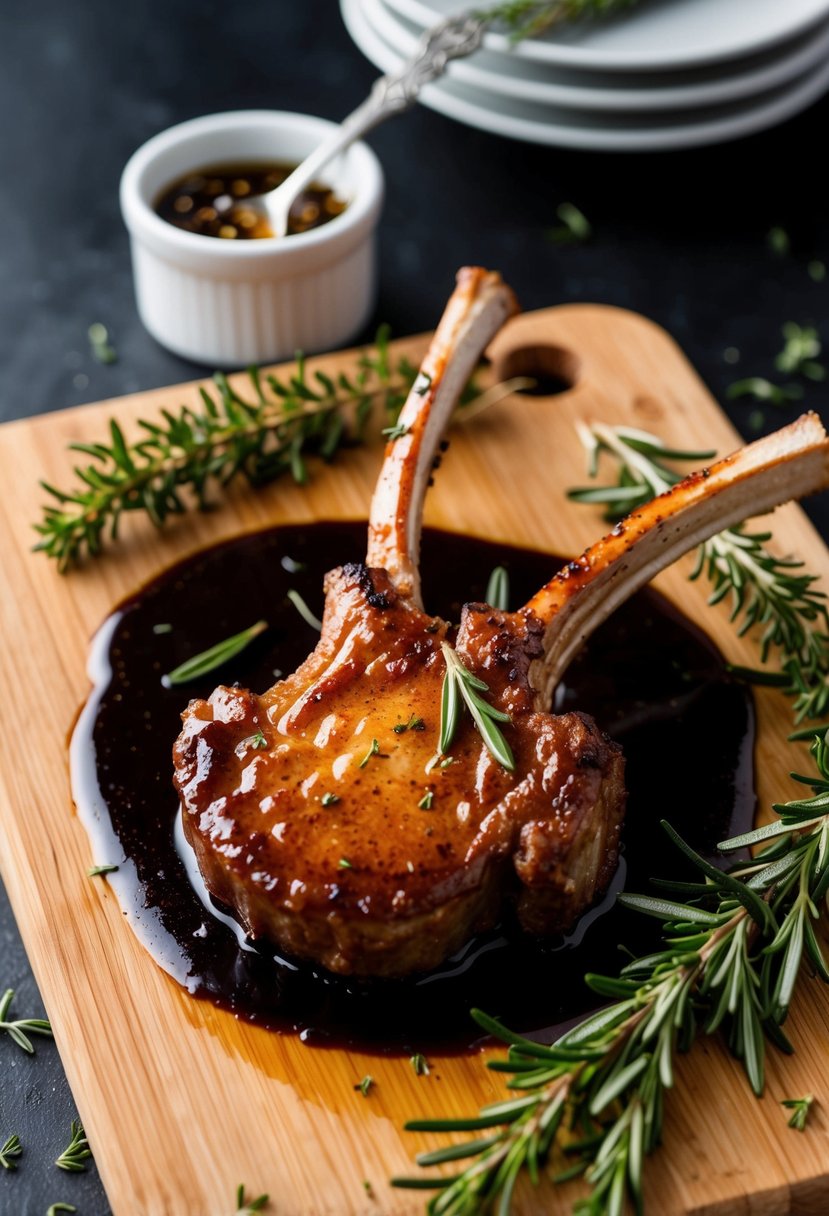 A sizzling lamb chop with a glossy honey balsamic glaze, surrounded by fresh rosemary and thyme sprigs on a wooden cutting board