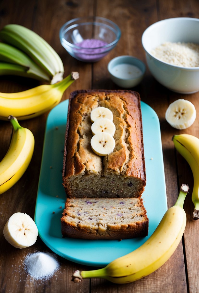 A wooden table with a loaf of ube banana bread surrounded by fresh ube and bananas, a mixing bowl, and various baking ingredients