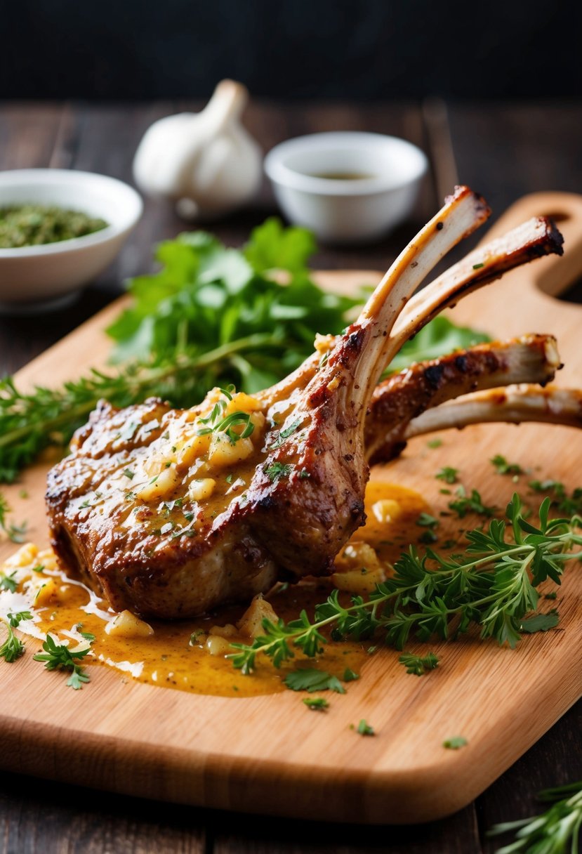 A sizzling lamb chop coated in garlic Dijon glaze, surrounded by fresh herbs and spices on a wooden cutting board