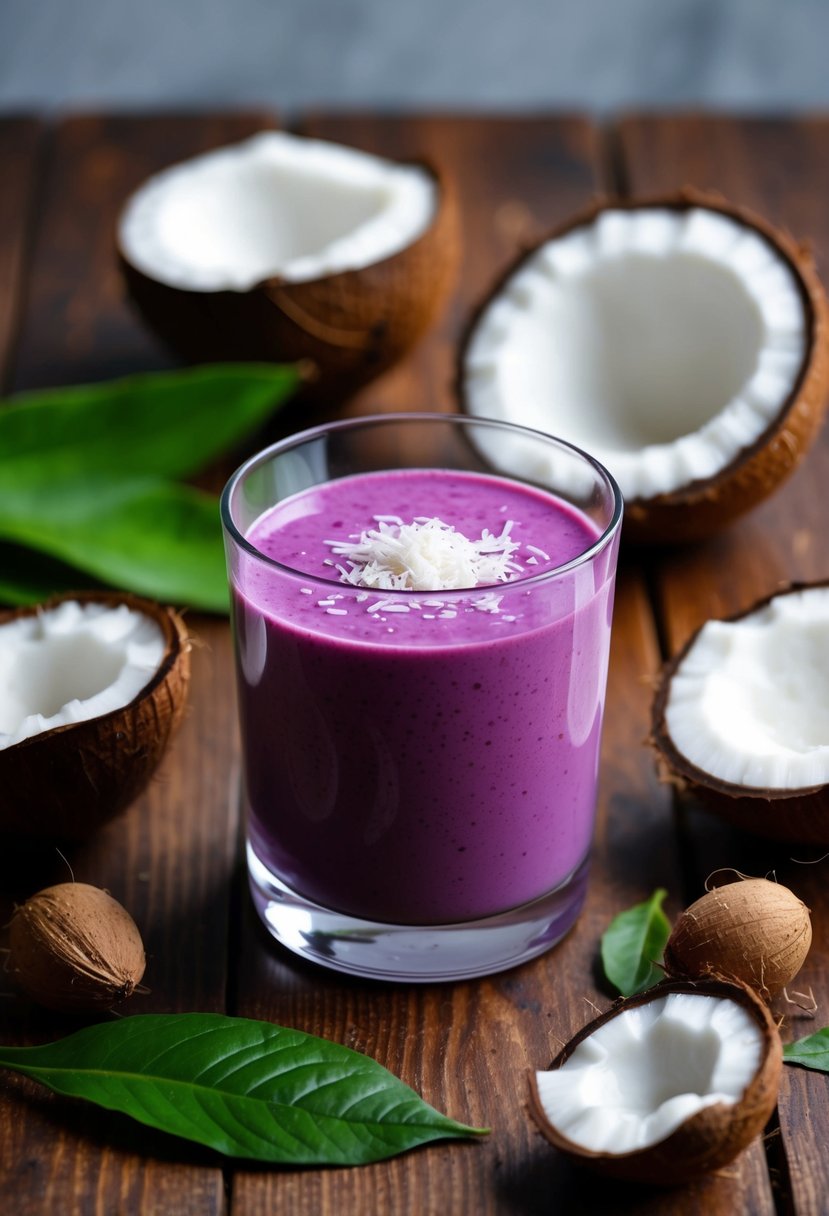 A glass of vibrant purple Ube Coconut Smoothie surrounded by fresh ube and coconut ingredients on a wooden table