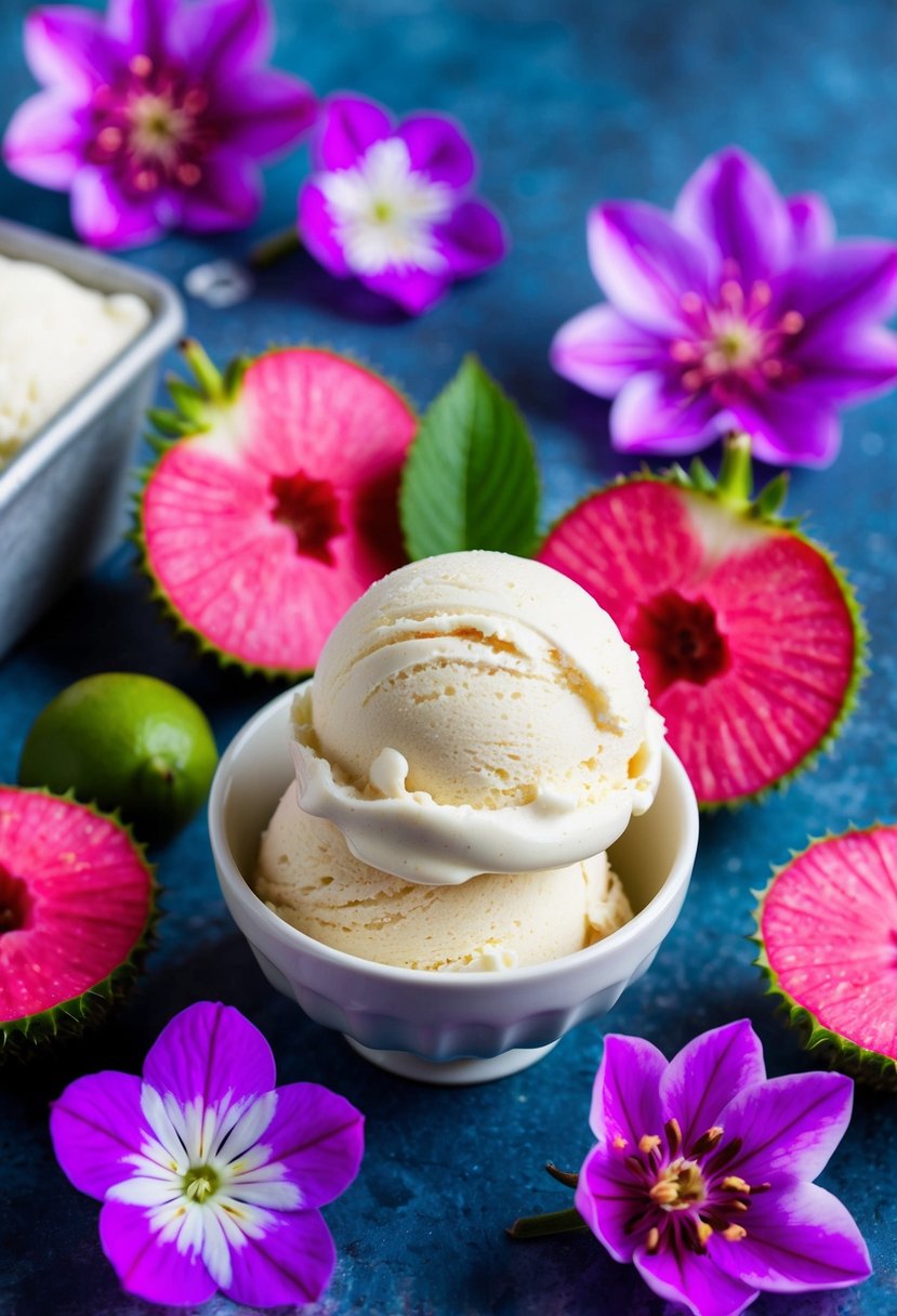 A scoop of low-sugar ube ice cream surrounded by fresh ube fruit and vibrant purple flowers