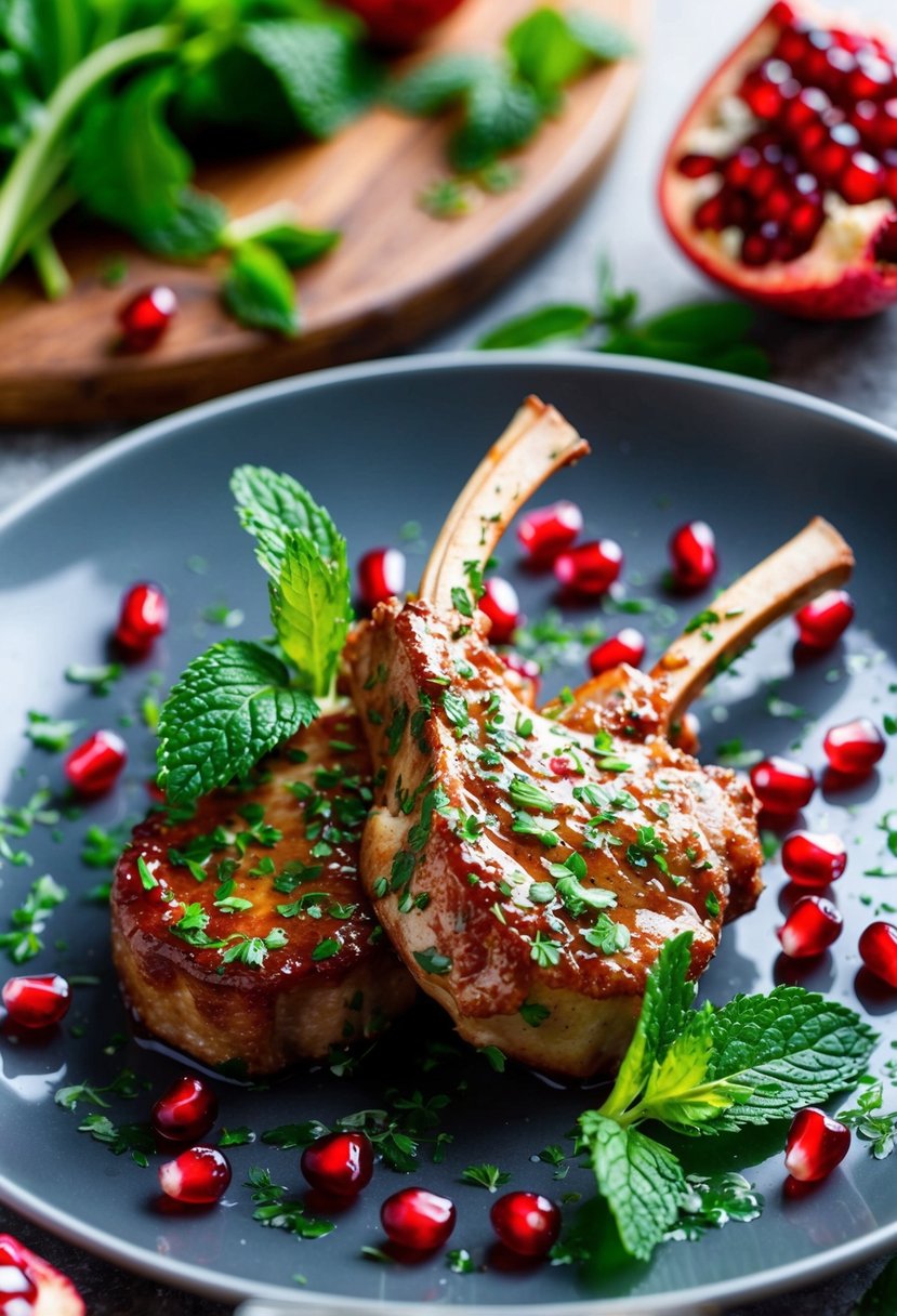 A sizzling lamb chop coated in a glossy mint pomegranate glaze, surrounded by fresh herbs and pomegranate seeds on a sleek plate