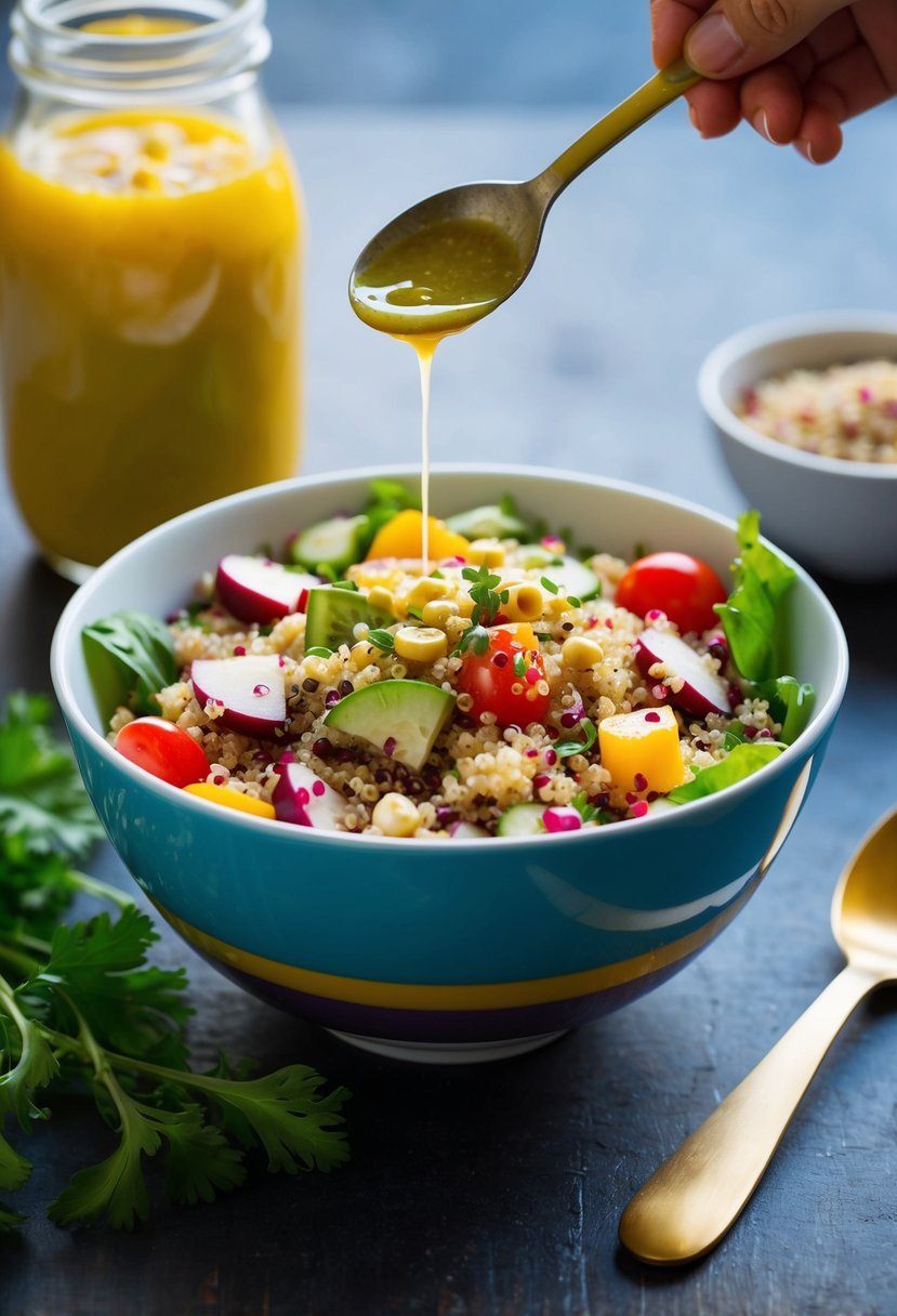 A colorful bowl of quinoa ube salad with fresh ingredients and a drizzle of vinaigrette