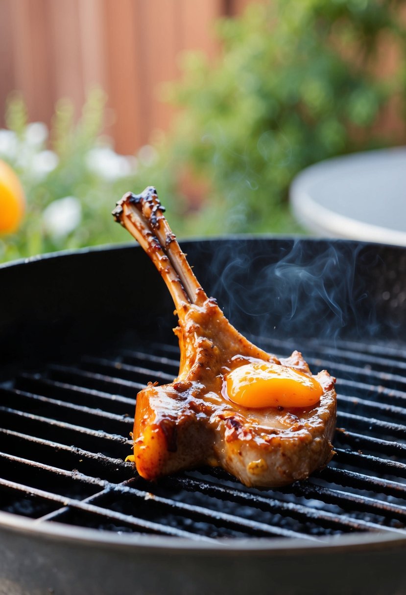 A sizzling lamb chop sizzling on a hot grill, coated in a glossy apricot ginger glaze, with a hint of caramelization