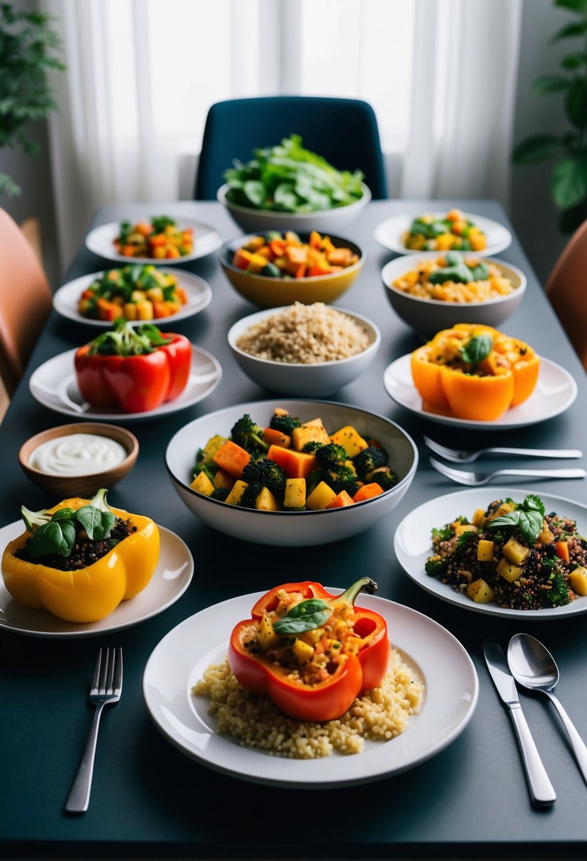 A table set with a variety of colorful, low-carb vegetarian dinner dishes, including roasted vegetables, quinoa salad, and stuffed bell peppers