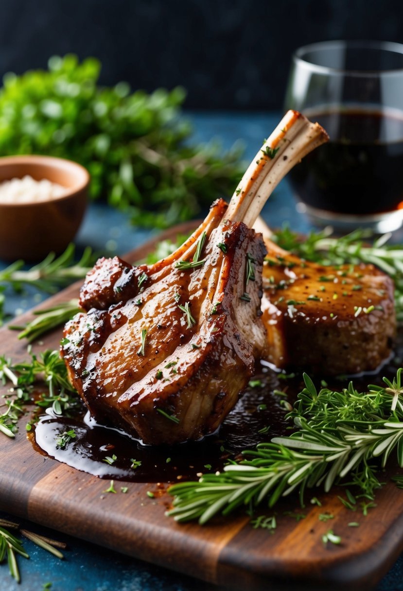 A sizzling lamb chop coated in a rich, glossy port wine and rosemary glaze, surrounded by fresh herbs and ingredients