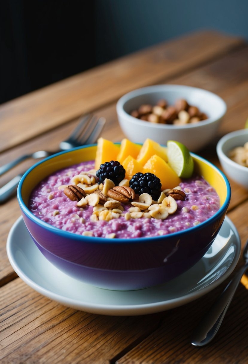 A colorful breakfast bowl filled with vibrant purple ube oatmeal, topped with fresh fruits and nuts, set on a wooden table