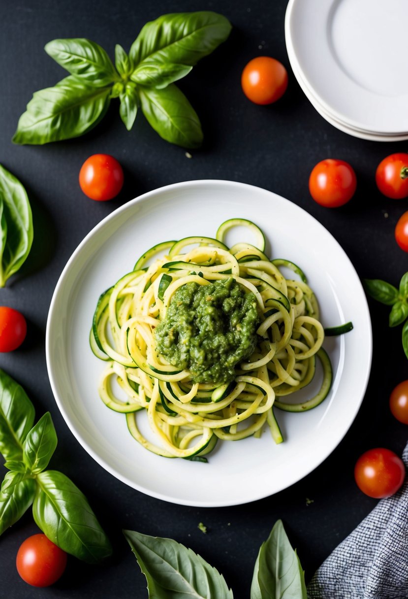 A plate of zucchini noodles topped with basil pesto, surrounded by fresh basil leaves and cherry tomatoes