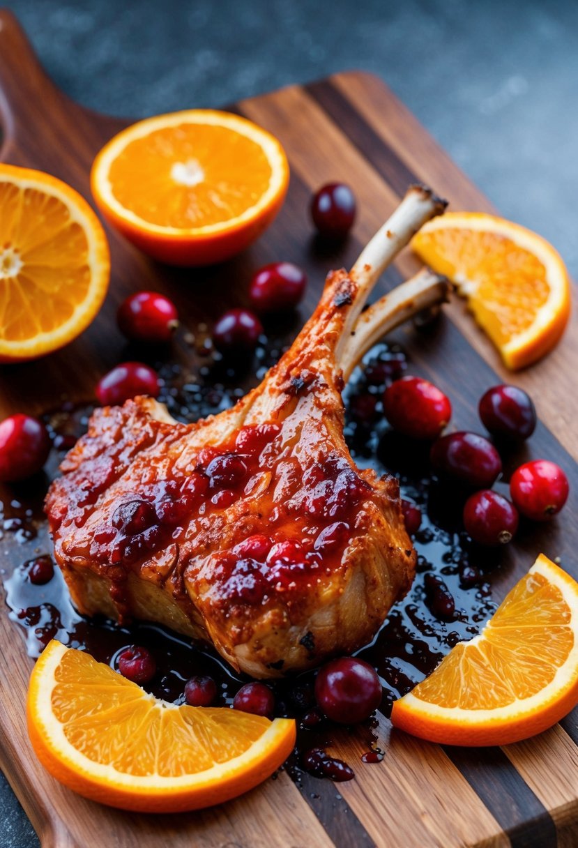 A sizzling lamb chop coated in a vibrant orange cranberry glaze, surrounded by fresh cranberries and orange slices on a wooden cutting board