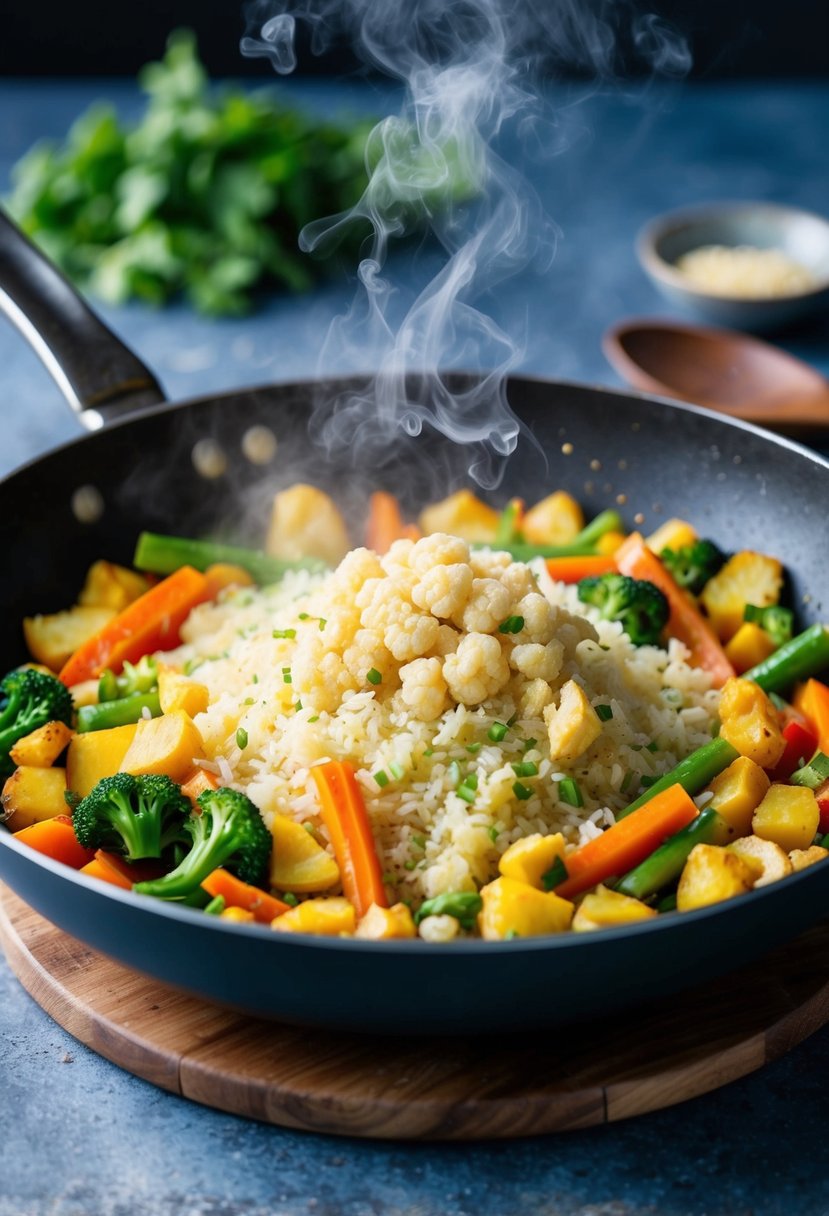 A sizzling stir-fry pan filled with colorful vegetables and cauliflower rice, emitting a mouth-watering aroma