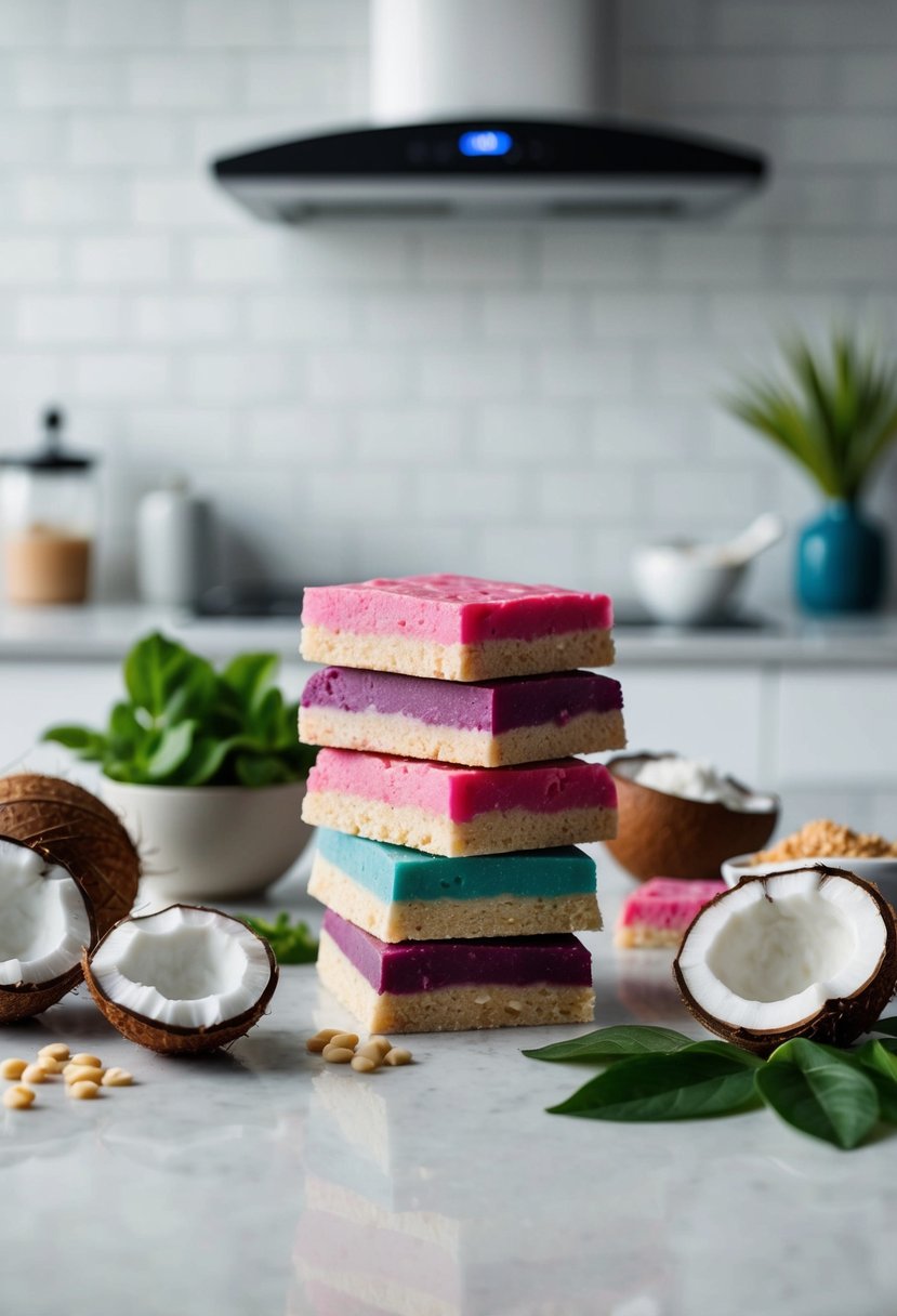 A colorful array of ube protein bars surrounded by fresh ube, coconut, and other ingredients on a clean, modern kitchen counter