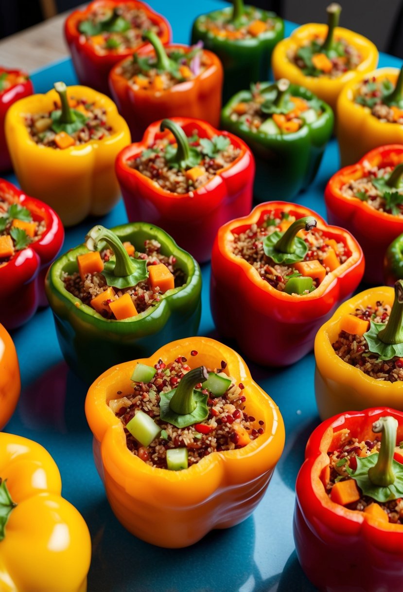 A colorful array of stuffed bell peppers filled with quinoa and vegetables, arranged on a dinner table