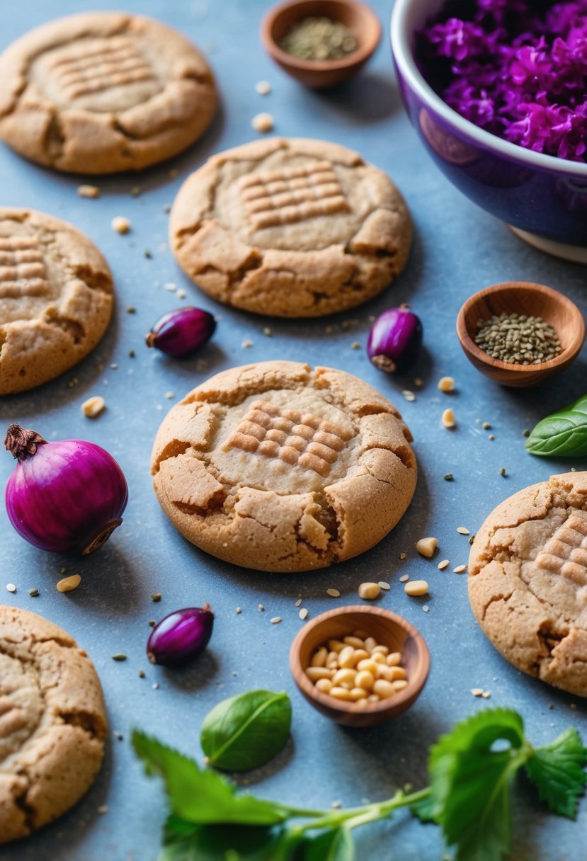 A table with freshly baked gluten-free ube cookies surrounded by vibrant purple ube and other healthy ingredients