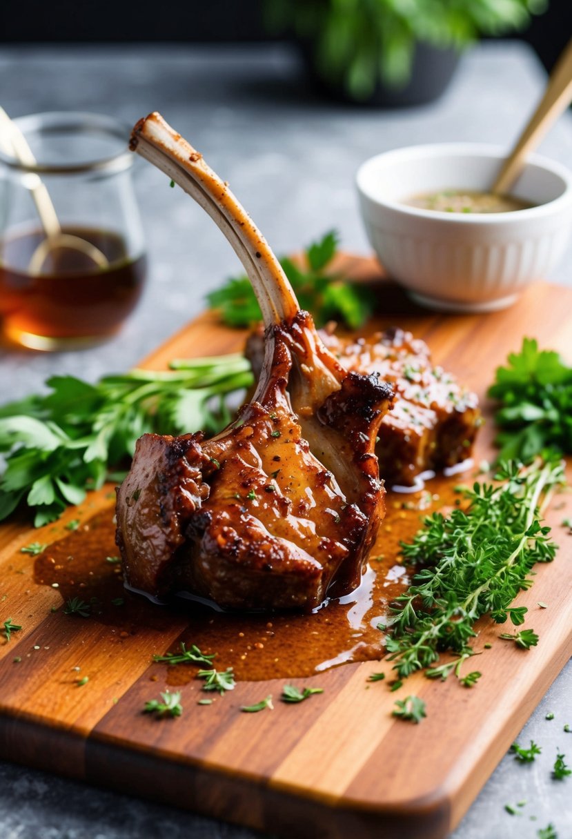 A sizzling lamb chop coated in a glossy soy maple glaze, surrounded by fresh herbs and spices on a wooden cutting board