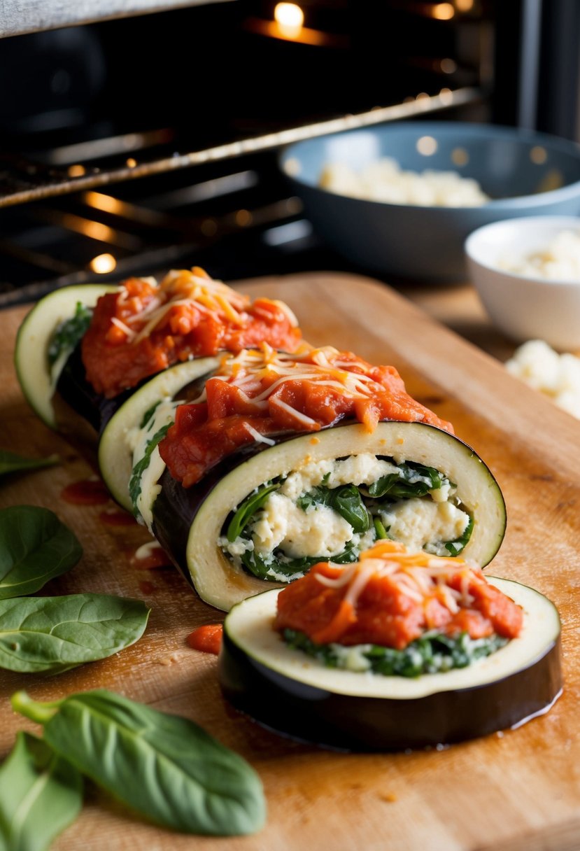 Sliced eggplant being rolled with ricotta and spinach, topped with marinara sauce and cheese, baking in the oven