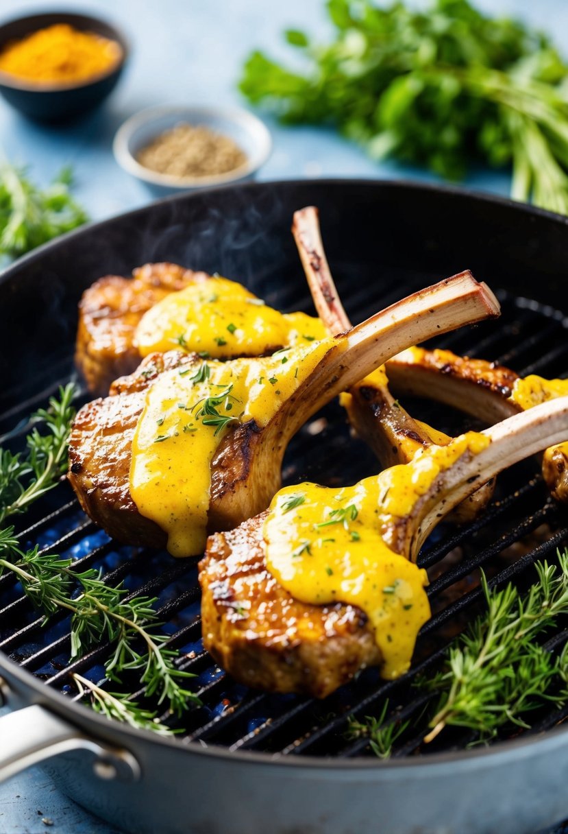 Lamb chops sizzling on a grill, coated in a golden mustard herb glaze, surrounded by fresh herbs and spices