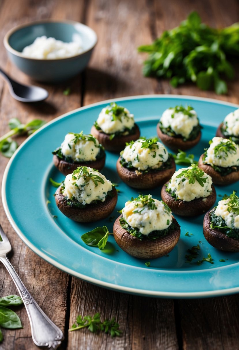 A platter of spinach and ricotta stuffed mushrooms, garnished with fresh herbs, sits on a rustic wooden table, ready to be served for a low carb vegetarian dinner