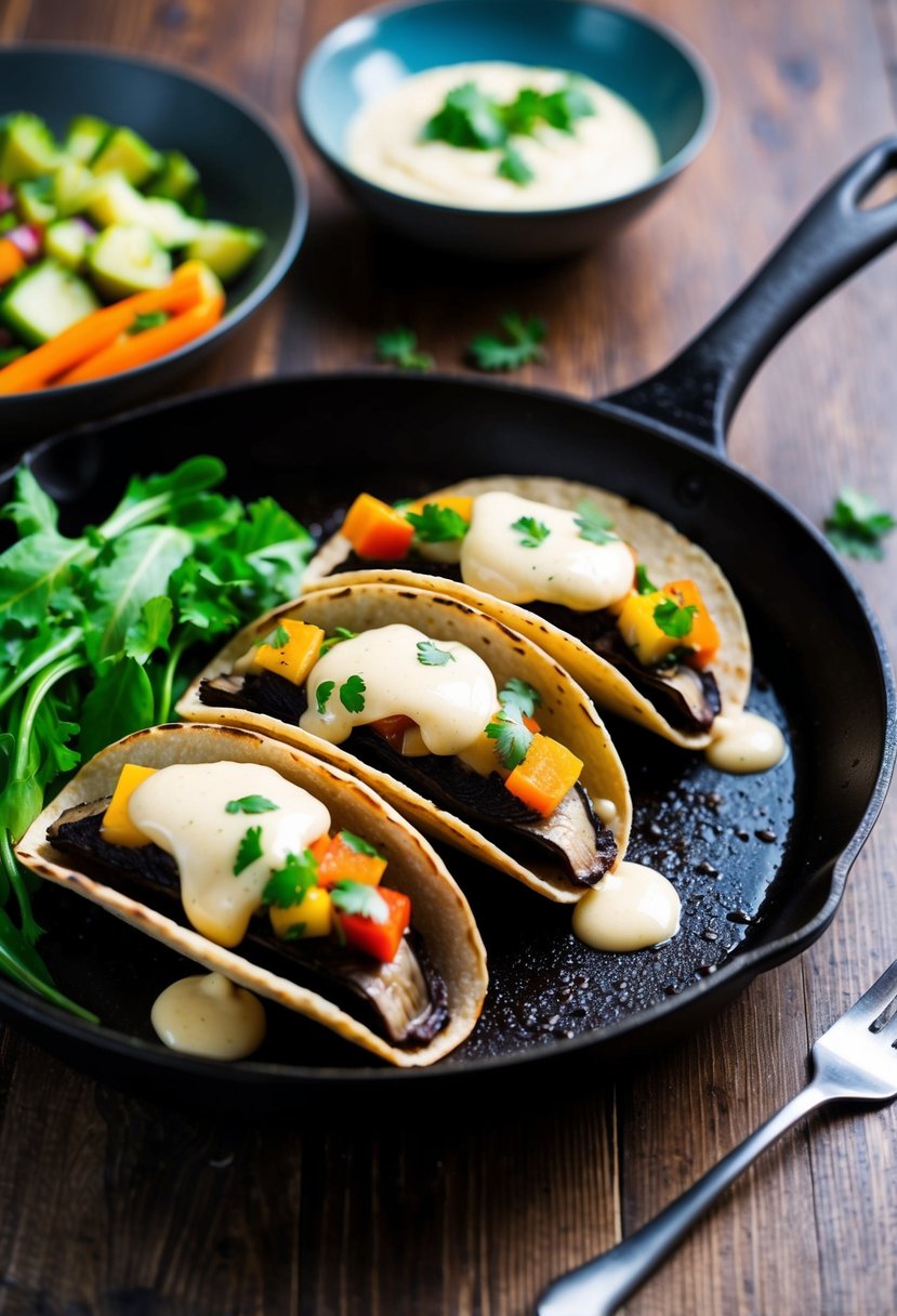 A sizzling skillet holds three Portobello mushroom tacos, topped with colorful veggies and drizzled with a creamy sauce. A side of fresh greens completes the low-carb vegetarian dinner