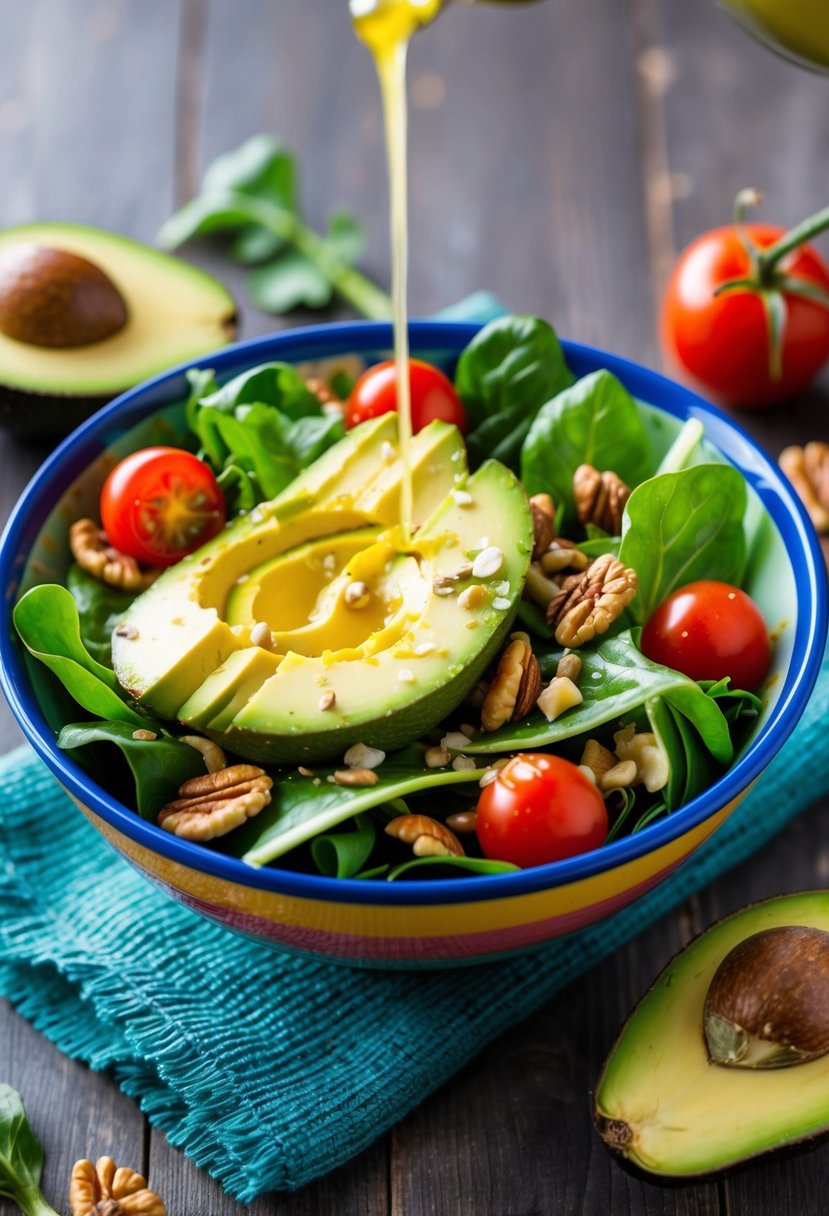 A colorful bowl filled with fresh avocado, leafy greens, cherry tomatoes, and nuts, drizzled with a tangy vinaigrette