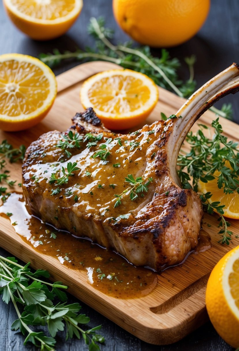 A sizzling lamb chop coated in a citrus thyme glaze, surrounded by fresh herbs and citrus fruits on a wooden cutting board